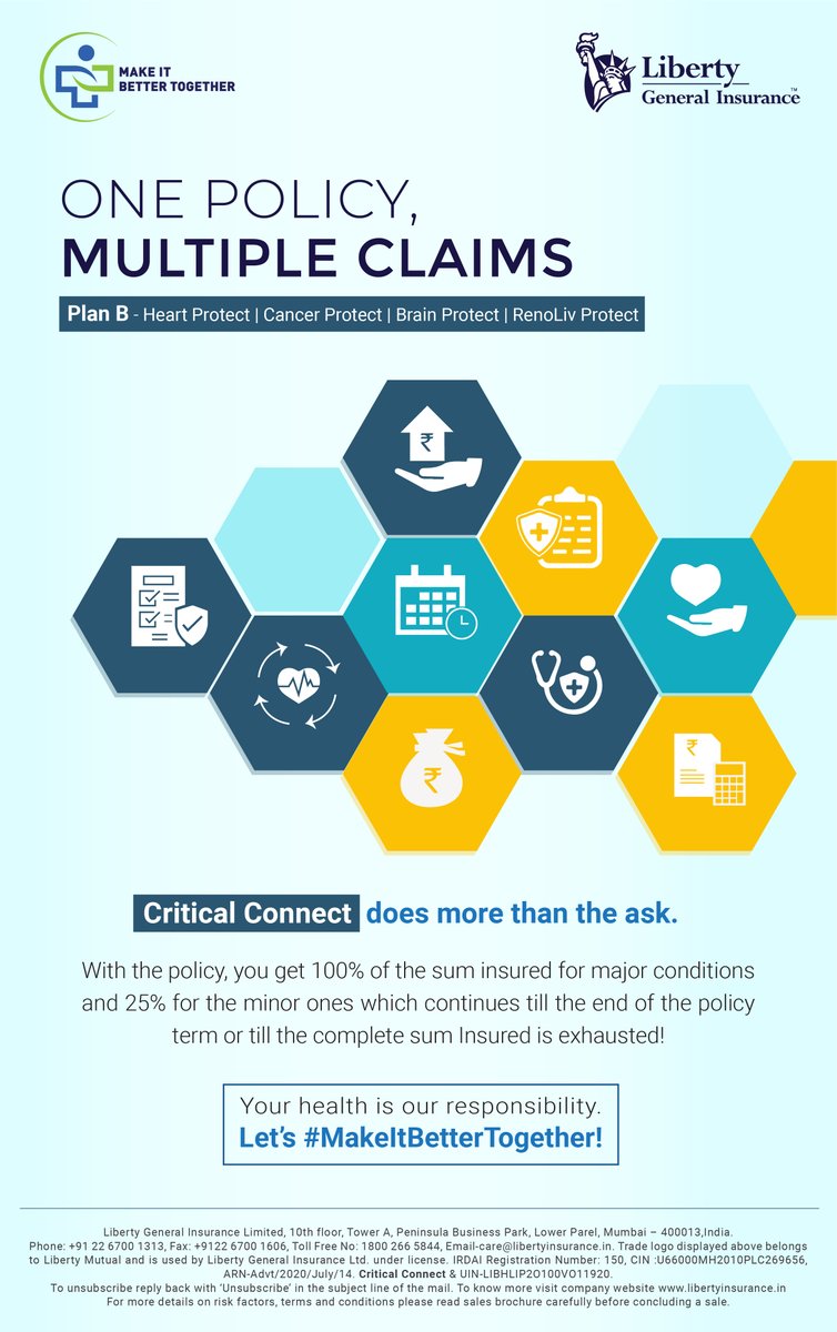 LibertyGILtd's tweet photo. One big expense for a major illness or small expenses for minor ones, Critical Connect has got your back through it all. Give us a call on 1800-266-5844 or write to us @ care@libertyinsurance.in to #MakeItBetterTogether #criticalconnect #criticalillness #insurance #health #policy https://t.co/rsUWPi93EQ