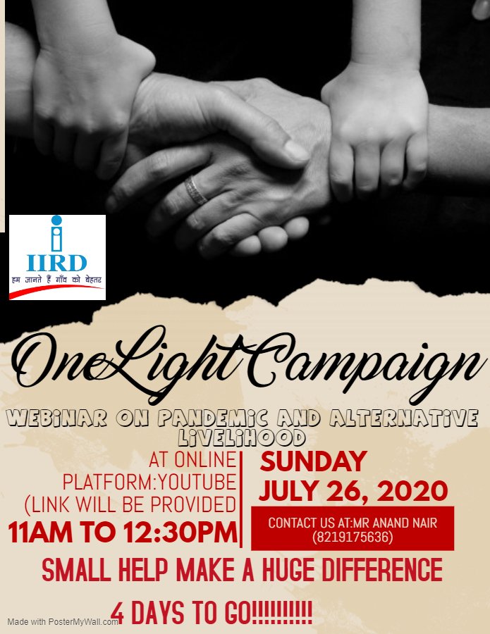 iirdshimla's tweet photo. IIRD Shimla presents to you the Webinar - PANDEMIC AND ALTERNATIVE LIVELIHOOD on 26th July 2020 at 11 am. Buckle up and get ready to create a future for you during this pandemic.Β
#fundraiserevent
#BelieveinRIEV
#donatetocreate https://t.co/5dM4fVx6dZ