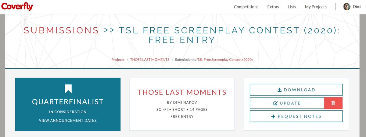 DimiNakov's tweet image. Awesomenessness. #Humbled...My #SciFi #ShortScreenplay #ThoseLastMoments made it to the #QuarterFinals at @TheScriptLab via @Coverfly From 13,000 Entries, 1000 Made it through. Huge Congrats to ALL...#AmWriting #ScriptChat #Coverfly #TheScriptLab writers.coverfly.com/submissions/vi…