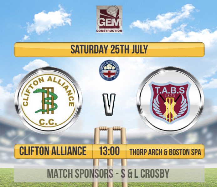 cacccricket's tweet photo. 2nd XI at home Saturday v @tabscricket 1st XI in @YDSCL Div 1 West.   40 overs 1pm start. https://t.co/GstzsyKoKM