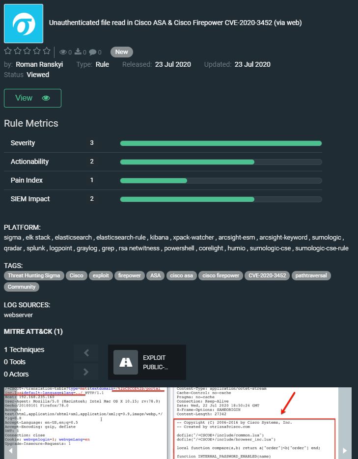 SOC_Prime's tweet photo. Hot community #Sigma rule by @rimpq helps to detect unauthenticated file read in #Cisco ASA &amp; Cisco Firepower; critical #RCE CVE-2020-3452 allows attackers to read arbitrary files from the #WebVPN file system. https://t.co/2LWusiGZch #Cybersecurity #SIEM #ThreatHunting https://t.co/ANdlEzTVw4