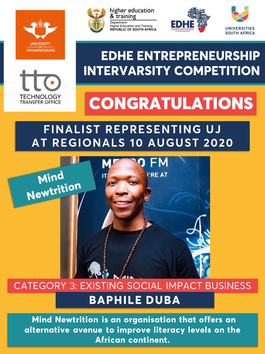 go2uj's tweet photo. Meet the Studentpreneurs with Existing Social Impact Businesses that will represent UJ at the Regionals of the EDHE Entrepreneurship Intervarsity Competition. @StudentEntrepreneurship @EDHEStudents
#UJTTO #EDHEIntervarsity #Studentpreneur https://t.co/hJvdCmLRfo