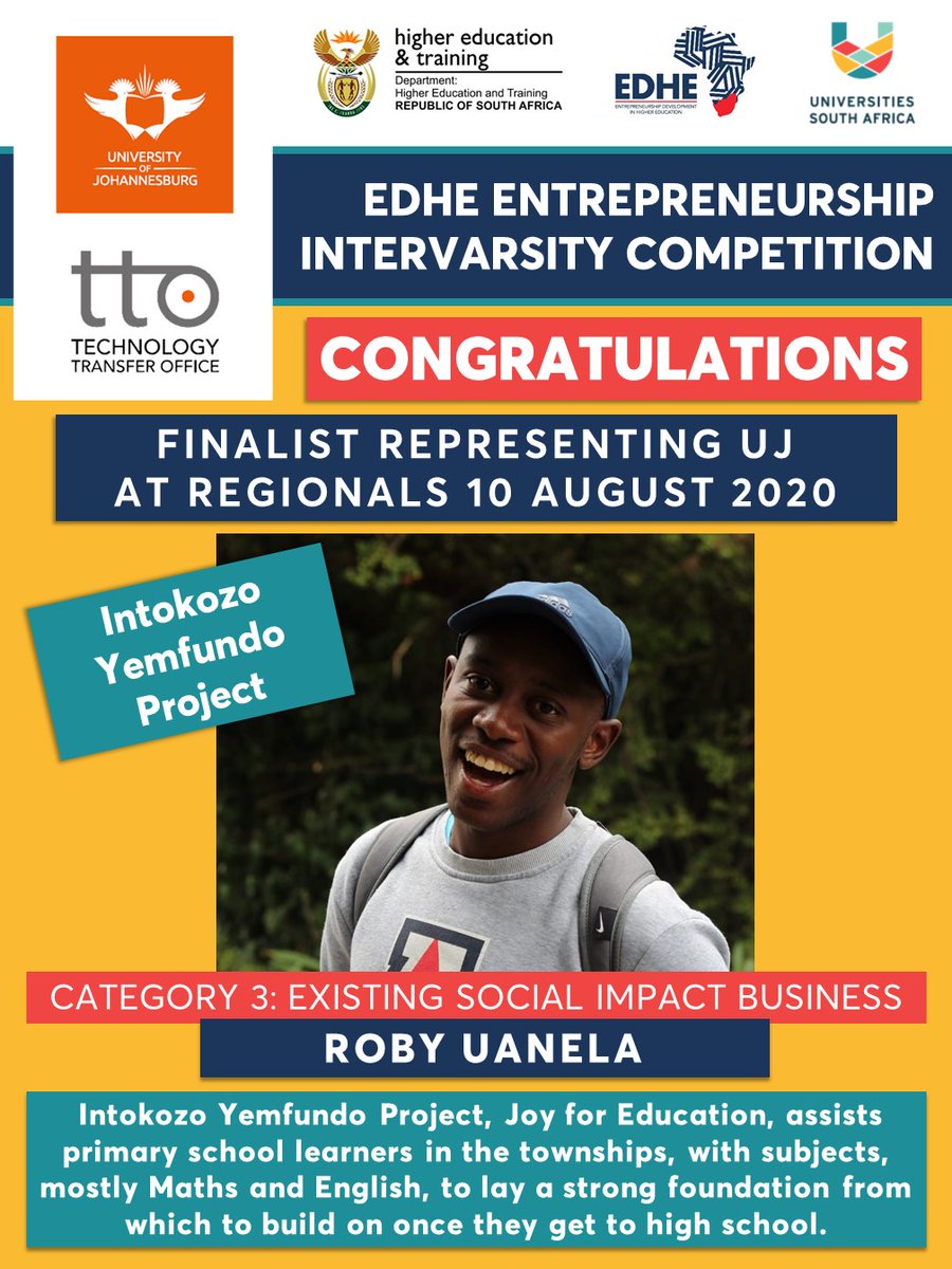 go2uj's tweet photo. Meet the Studentpreneurs with Existing Social Impact Businesses that will represent UJ at the Regionals of the EDHE Entrepreneurship Intervarsity Competition. @StudentEntrepreneurship @EDHEStudents
#UJTTO #EDHEIntervarsity #Studentpreneur https://t.co/hJvdCmLRfo