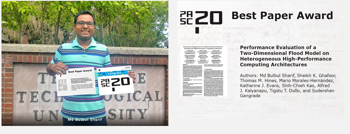 PASC_Conference's tweet photo. #PASC20 Best Paper Award! Congratulations to Md Bulbul Sharif and collaborators from @tennesseetech and @ORNL for their work on 2d flood models! More details at: https://t.co/MPZAyBHF7d #HPC @SIGHPC https://t.co/axjCAI0KwI