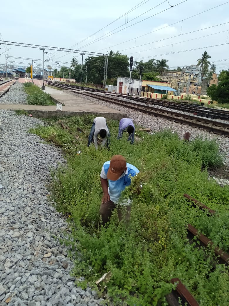 DRMKhurdaRoad's tweet photo. On dt.22.07.2020, Migrant workers engaged under #GaribKalyanRozgarYojana in maintenance work near Brahmapur Yard  under @eastcoastrail
#COVID19 https://t.co/SRfwwEeiMK