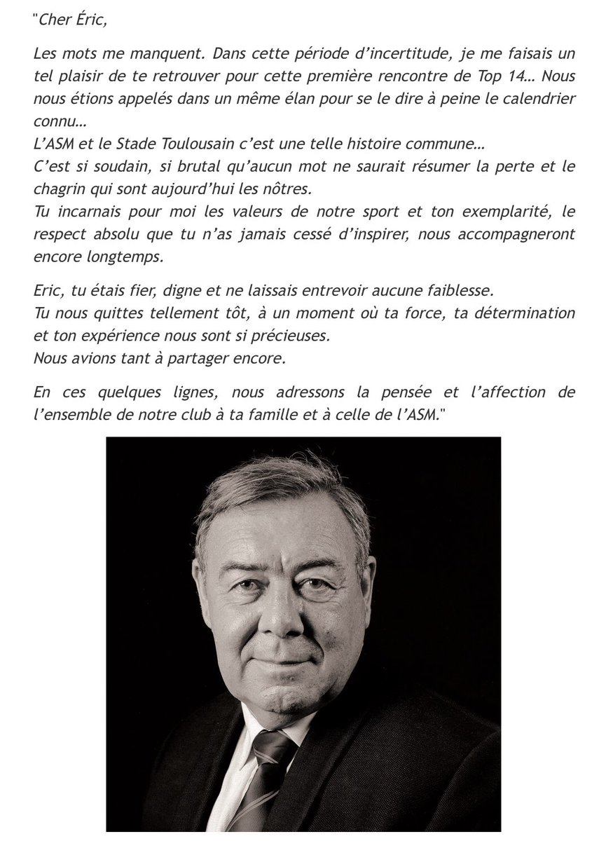 TeamYellowArmy's tweet photo. Magnifique hommage de @didierlacroixx pour notre président, Eric De Cromières 💔😭

Merci @StadeToulousain 🙏🏼 https://t.co/faUibpTWhV