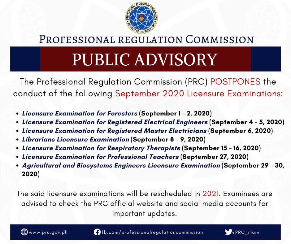PRC_main's tweet photo. Postponement of September 2020 Scheduled Licensure Examinations | https://t.co/Tq4BQMKZv2 https://t.co/EAaekyL58p