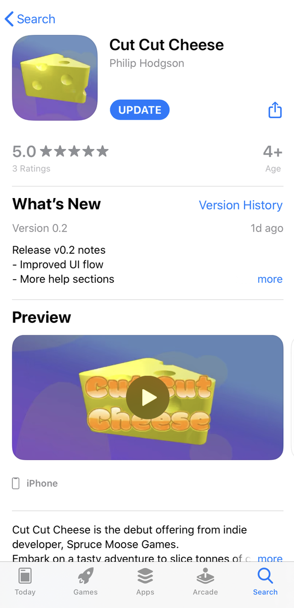 SpruceMooseIGD's tweet photo. Feta yourself over to the App Store for the first Cut Cut Cheese update 🧀💫 

Just a minor one this time: sprucing up the UI flow and making help easier to find. 

#IndieGameDev #AppStore #CutCutCheese #Cheese #MadeWithUnity #IndieDev https://t.co/er8pNFYbag