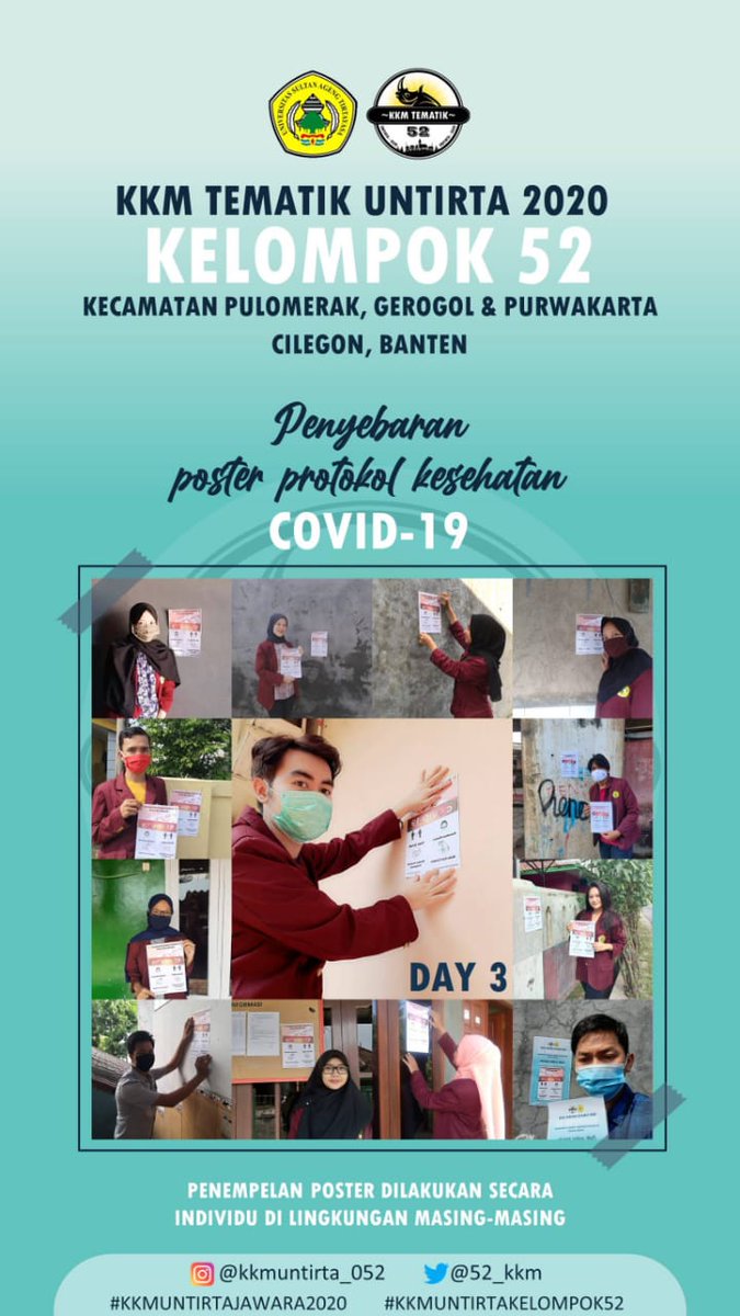 52_kkm's tweet photo. [KKM Reguler Universitas Sultan Ageng Tirtayasa Hari Ke-3]
Hari ini Kelompok KKM Reguler 52 secara serentak menyebarkan beberapa poster di daerah kami masing-masing dengan tetap memperhatikan protokol kesehatan covid-19.

#KKMUNTIRTAJAWARA2020
#KKMUntirta052 https://t.co/5ichPYE1fg