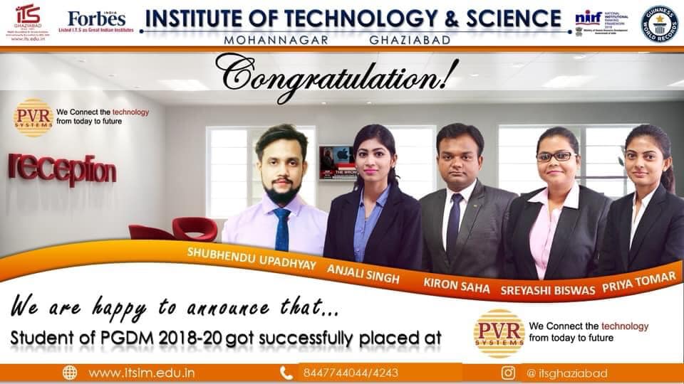 ITSMohanNagar's tweet photo. @ITSMohanNagar congratulates Shubhendu Upadhyay, Anjali Singh, Kiron Saha, Sreyashi Biswas, and Priya Tomar of PGDM (2018-20) batch for getting successfully placed in #PVRSystems.
More info: https://t.co/8S48ExTgEt https://t.co/auOT1ONcya