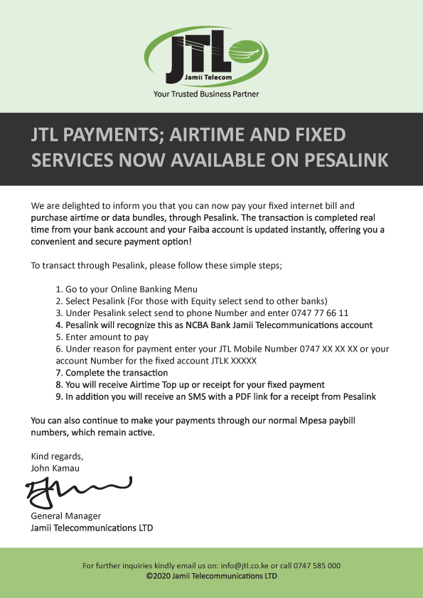 FaibaJTL's tweet photo. We are happy to announce an additional Payment platform through Pesalink #SimpleAndFast @IPSL_Kenya @FaibaMobile @FaibaJTL https://t.co/pmnUg176eb