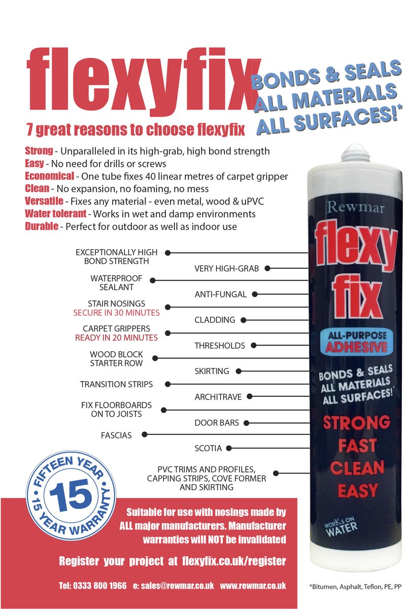 Now you are back at work &amp; need to be faster than ever, are you using Flexyfix? Most Versatile Adhesive in Flooring. Fastest &amp; Strongest #Flexyfix No.1, for Nosings, Grippers, Transition Strips, Cap &amp; Cove &amp; so much more. Gets the job done safely &amp; quickly. Simply the best.