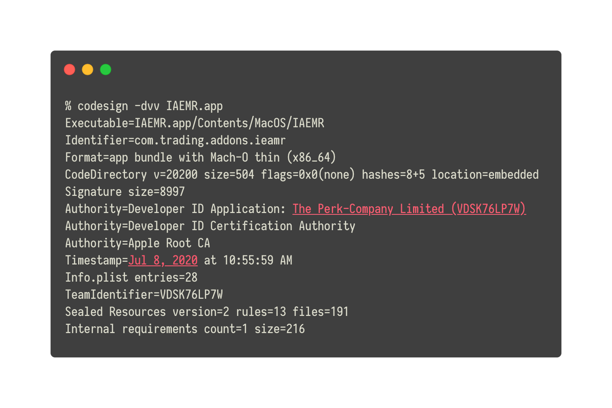 Malware is signed with the developer identity “The Perk-Company Limited (VDSK76LP7W)”. Certificate was issued on June 20th. 4/7