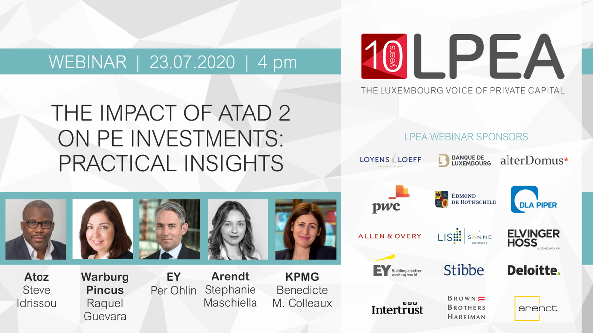 lpea_lux's tweet photo. Ready for the legal webinar today?
During this seminar, the experts of the LPEA Tax Committee will share practical examples on ATAD2 impacts (investors, investments, vehicles) and some recent insights.
Register here:
https://t.co/y63lUCZDO1
#luxembourg #ATAD2 https://t.co/IcEYNZB86X