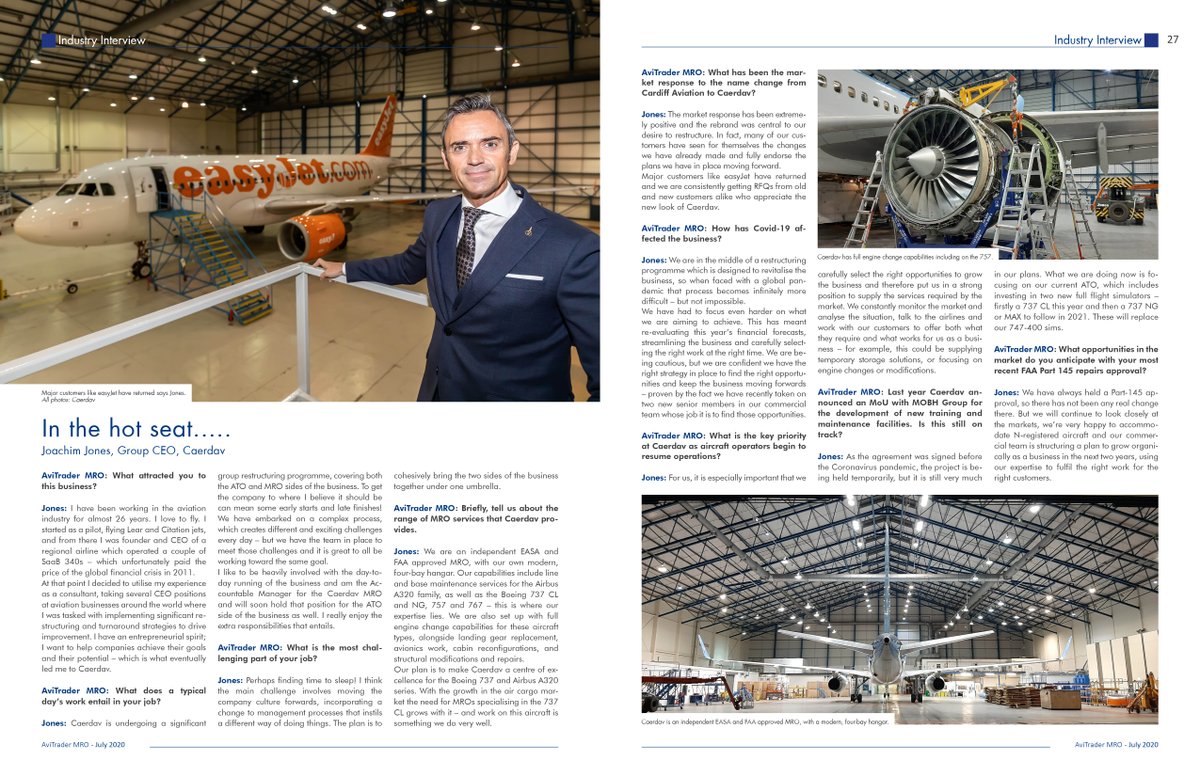 Caerdav's tweet photo. We're delighted to share this fantastic 'In The Hot Seat' Q&A with our Group CEO, Joachim Jones, from the July issue of #AviTraderMRO Magazine.
Take a look at the article below, or read the full magazine here: https://t.co/qNdxr3Zcd8
#Caerdav #MRO #Maintenance https://t.co/MNd3hBwP93