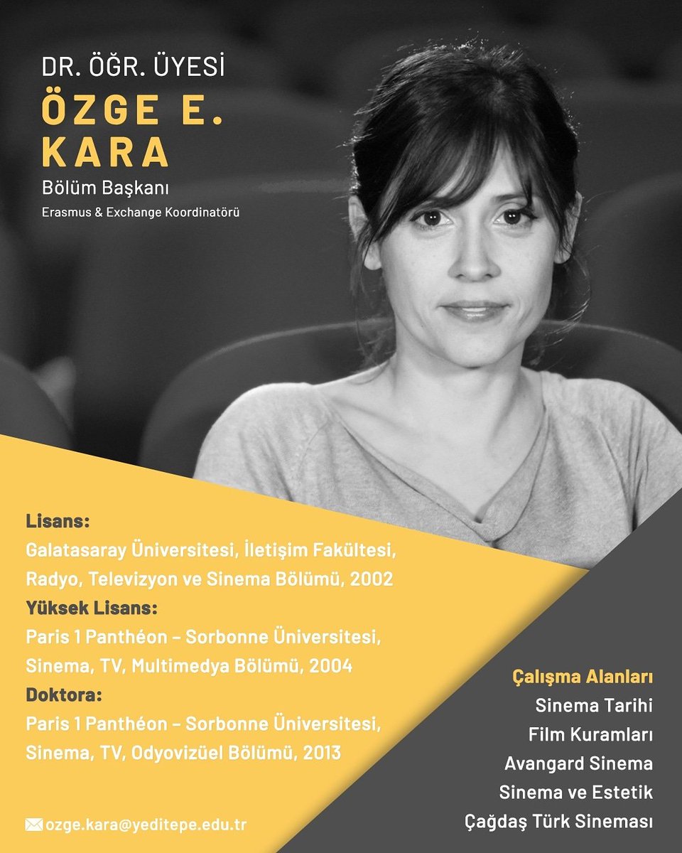 Anabilim Dalı Başkanı ve Erasmus&amp;Exhange Koordinatörü Dr. Öğr. Üyesi Özge Erbek Kara. Hocamızın akademik çalışmaları hakkında detaylı bilgiye web sayfamızdan ulaşabilirsiniz. 

Radyo, Televizyon ve Sinema Bölümü Online Tanıtım Linki: meet.google.com/gze-ocuq-foi