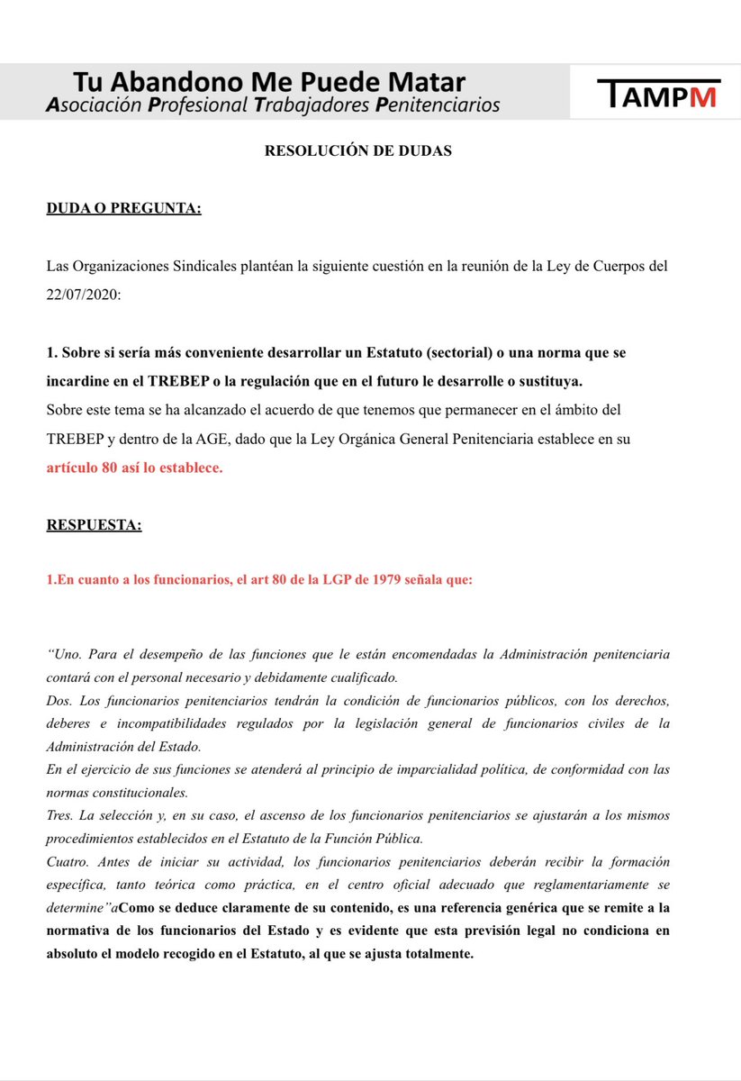 tu_abandono's tweet photo. 📣 #ACLARACIÓN | Ante cuestiones de legalidad planteadas por algunas OOSS, TAMPM y los profesores que elaboraron el #EstatutoPrisiones RESPONDEN

OTROS parece que dejaron sus peticiones de #MasSector en el #bauldelosrecuerdos y anteponen INTERESES PERSONALES al COLECTIVO

#TAMPM https://t.co/oq1lCOgGht