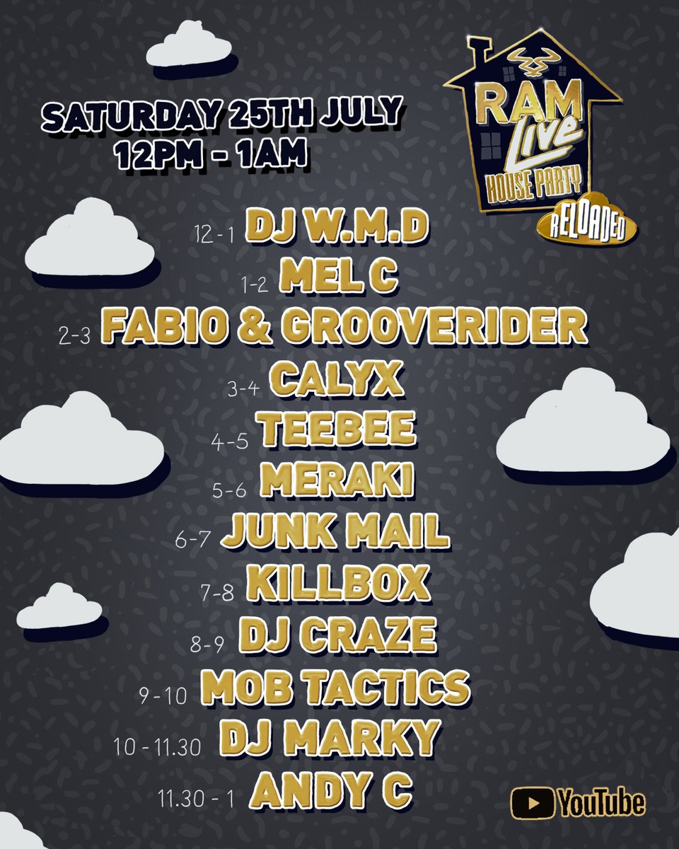 RAMrecordsltd's tweet photo. The #RAMLiveHouseParty is back and this time it's RELOADED π₯ Get ready for an epic 13 hours of the finest RAM streams as voted for by the fans!
Lock in this Saturday 12pm (UK time) on our YouTube channel π¦ https://t.co/yynhnUfDiR