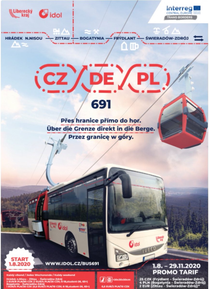 PrzystanekD's tweet photo. Od 1 sierpnia @Libereckykraj w soboty, niedziele i święta uruchamia połączenie autobusowe 🇵🇱🇨🇿🇩🇪 na trasie:

@Swieradow - @Mesto_Frydlant - @GminaBogatynia - @StadtZittau 

Będą kursować trzy pary autobusów. Za przejazd ze Świeradowa do Frydlantu zapłacimy 4zł, a do Zittau - 8zł. https://t.co/fImz9nRein