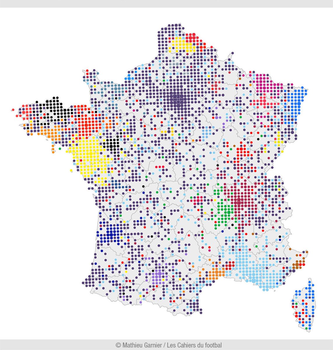 Qui supporte qui? Comment les clubs se partagent-ils le pays et les régions? 
"Géographie des supporters français", une série d'infographies interactives de <a href="/matamix/">@mat@mapstodon.space</a>: cahiersdufootball.net/article-geogra…