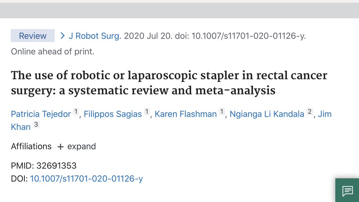 Robotic stapler vs. Lap for robotic low anterior resection - meta-analysis. Thanks to <a href="/FilipposSagias/">Filippos Sagias, MBChB, FRCS</a> <a href="/JimkhanMD/">Jim Khan</a> <a href="/IntuitiveSurg/">Intuitive</a> <a href="/colo_research/">#ColorectalResearch</a> <a href="/abexDaVinci/">ABEX Excelencia Robótica</a> <a href="/JRobotSurg/">Journal of Robotic Surgery</a> pubmed.ncbi.nlm.nih.gov/32691353/#
