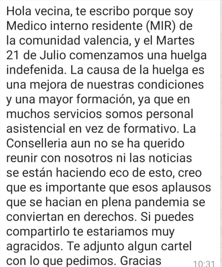 annygallego's tweet photo. @joanribo
Bon dia.
Los MIR de la comunidad estamos de huelga indefinida.
Nuestras peticiones se centran fundamentalmente en recibir una formación digna que nos permita en un futuro ser los mejores profesionales para los pacientes.
Necesitamos su ayuda.
Gracias. https://t.co/MjMn9Q50xw
