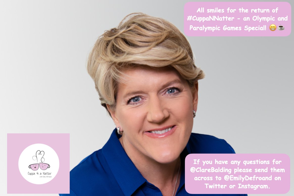 EmilyDefroand's tweet photo. It's 6pm - the evening before what should have been the Tokyo 2020 Opening Ceremony &amp; where my guest should have been working her magic!

On Monday at 6pm 'Cuppa &amp; a Natter’ returns with @ClareBalding 🤩

The real question is, how does Clare like her tea? ☕️ #CuppaNNatter https://t.co/SglWmxzvHM