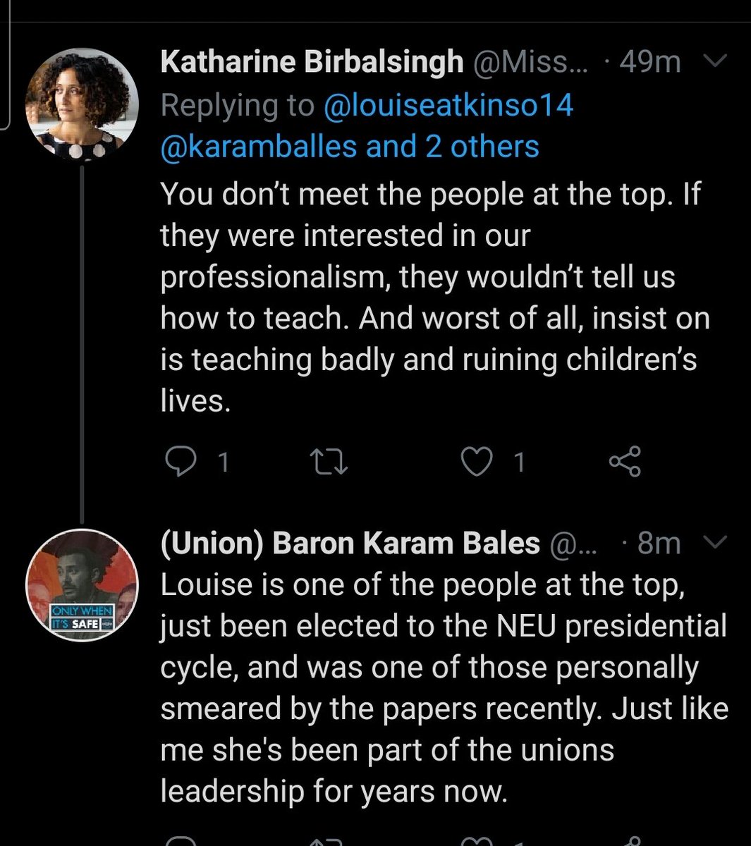 6/ The NEU is democratic more tightly bound by trade union laws and the Electoral Commission.Its why Kartharine's responses are beneath someone of her intelligence. Corrupt? Don't know the people at the top? She's talking to the ppl at the top, they're normal ppl like me.
