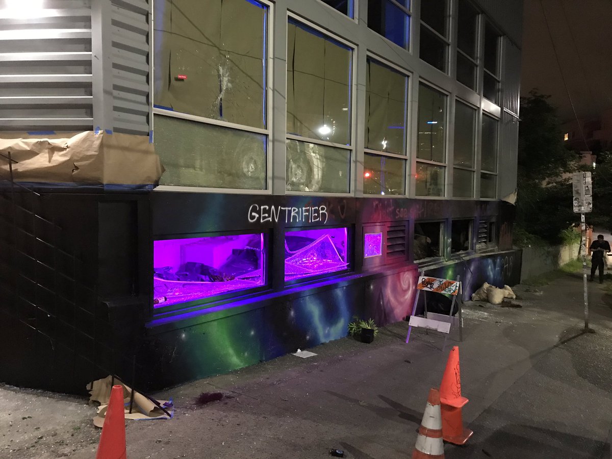 .<a href="/Starbucks/">Starbucks</a> , Rove, <a href="/WholeFoods/">Whole Foods Market</a> and <a href="/UncleIkes206/">Uncle Ike's Pot Shops</a> got windows broken and fire set at Rove and Uncle Ike. It was between 100-150 who did the damage.