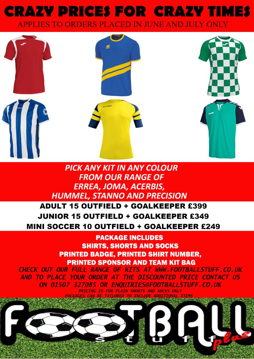 FballStuff's tweet photo. We have 1 week left on our preseason #football #kit deal.  The special price not available on our website call or e-mail us now. 01507 327085 and footballstuff@rocketmail.co.uk https://t.co/szcrTQka4Z
