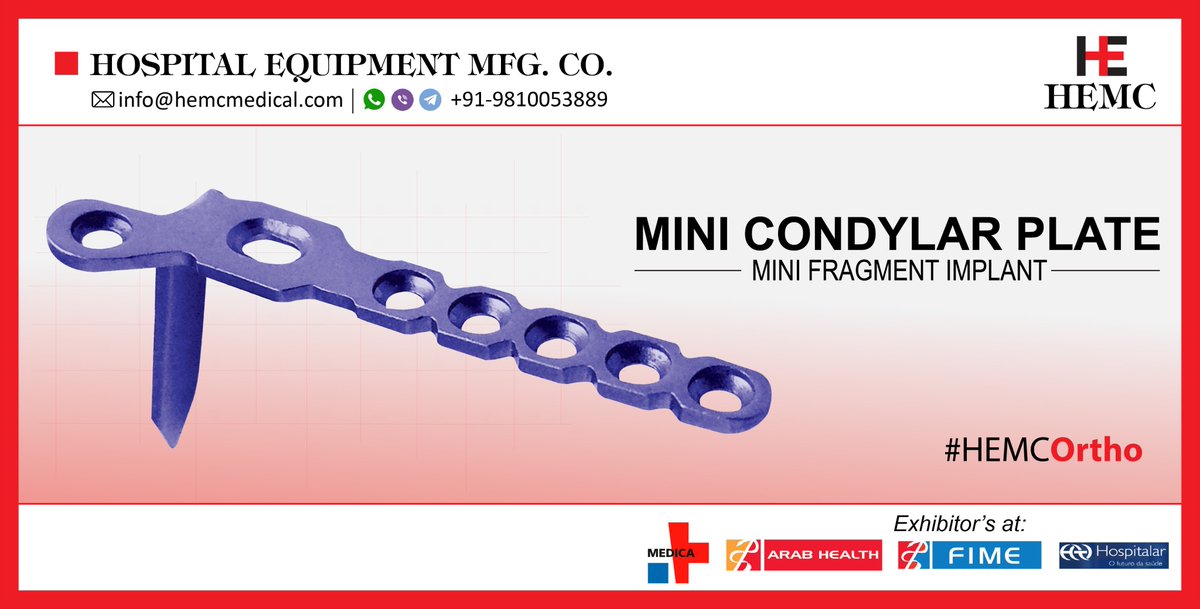 HemcOrtho's tweet image. HEMC Medical is committed to offer a world class quality #MiniFragmentImplants and #InstrumentSet to its worldwide customers from India. Visit: hemcortho.com/product/mini-c…
#MiniCondylarPlate, #MiniDynamicCompressionPlate, #MiniFragmentImplants, #HEMCMedical, #HEMCOrtho, #HEMCIndia