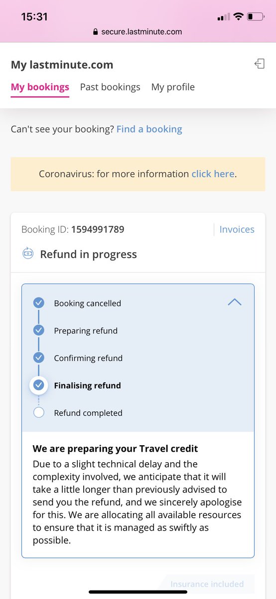 HazzaBadger's tweet photo. @lastminute_com 102 days of this status and I’m still waiting for my refund travel credit - stop advertising new holidays and pick up the phone to your customers! #refundcustomers https://t.co/hDQuh5eTki