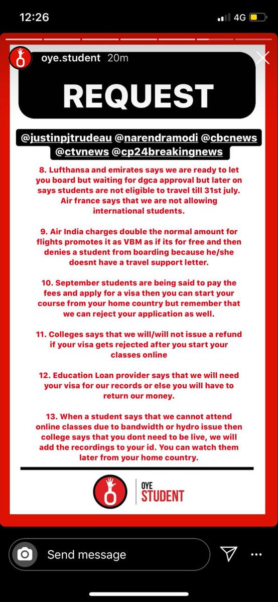 Gleen_kaur's tweet photo. I request you guys to please raise concerns on behalf of all international students. Check the below screenshot to understand the scenario. You can contact me also to ubderstand the situation in depth. Hoping a positive response. Please help us.#AllowStudentsToTravelToCanada https://t.co/aNCwoCZ6yf