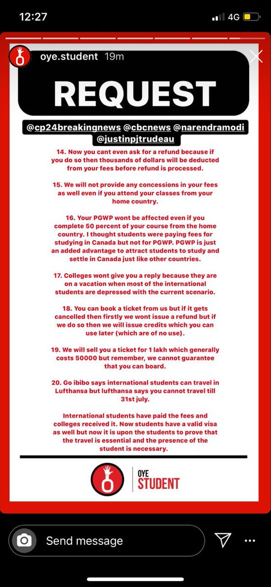 Gleen_kaur's tweet photo. I request you guys to please raise concerns on behalf of all international students. Check the below screenshot to understand the scenario. You can contact me also to ubderstand the situation in depth. Hoping a positive response. Please help us.#AllowStudentsToTravelToCanada https://t.co/aNCwoCZ6yf