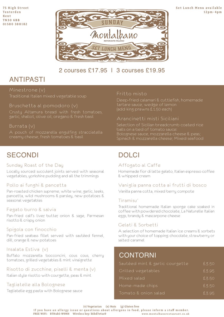 Our Sunday Roast is back! Enjoy a relaxing afternoon with friends or family indulging in your favourite dishes from our new Sunday Set Lunch menu
Now open Sundays 12pm-9pm
Book online montalbanorestaurant.co.uk
#Tenterden #Sundayroast #Italianfood