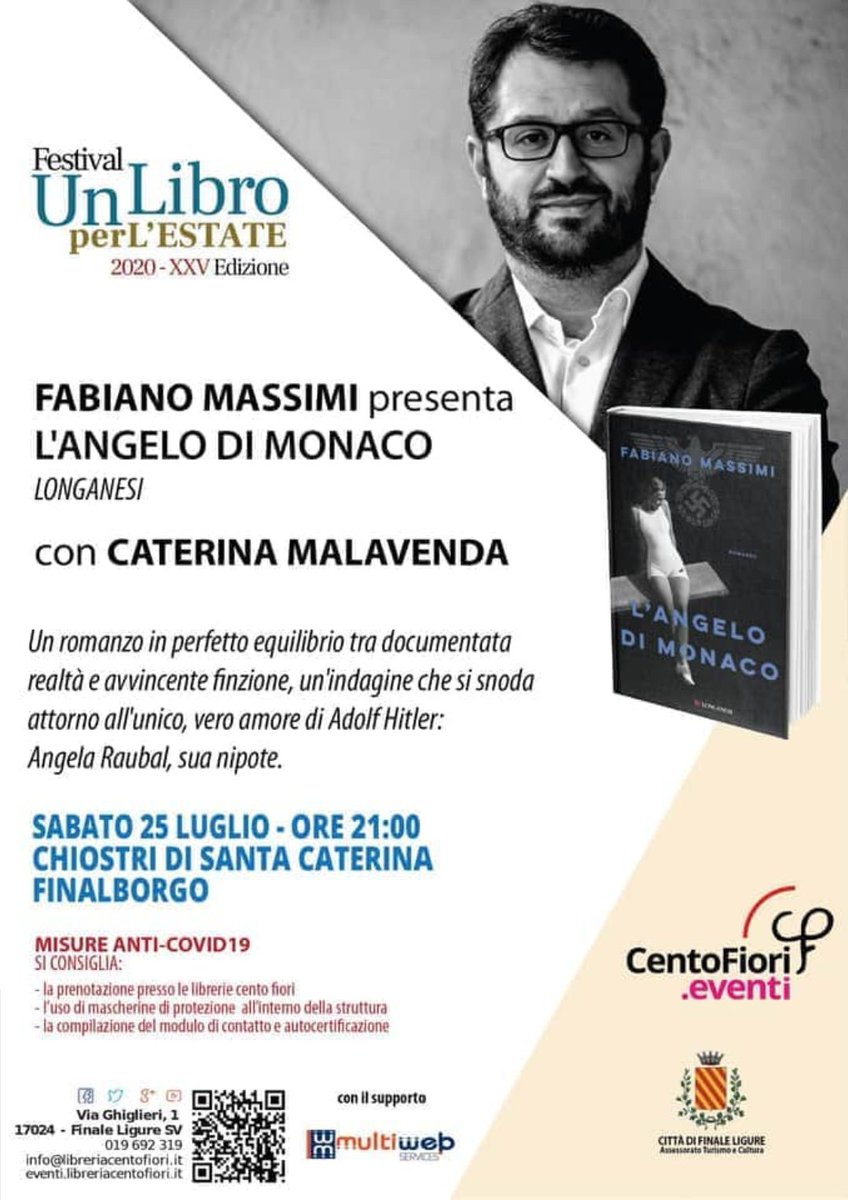 fabianomas's tweet photo. Sabato 25/07 alle ore 21 presenterò #LAngeloDiMonaco a Finale Ligure insieme a Caterina Malavenda, nell'ambito del festival #UnLibroPerLEstate organizzato dalla libreria @centofiori.
Passate a salutare!
@LibriLonganesi
@alferjeprestia https://t.co/dHoxNmplaA