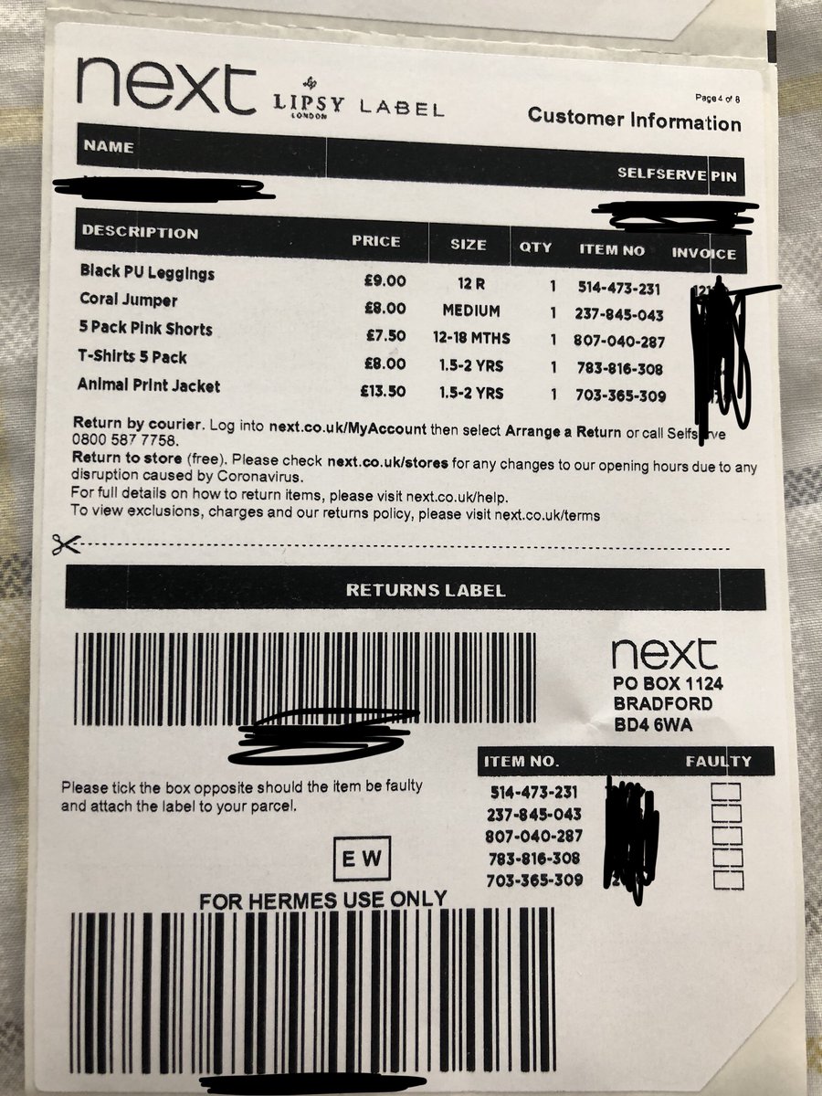 clairey_loo's tweet photo. @nextofficial hi! Need to return some items I ordered online. Website says to include the returns section of the dispatch note in the parcel and then stick the returns label outside. But I don’t have a dispatch note in any of my parcels, this is all I have…what should I do? https://t.co/K603mumIZp