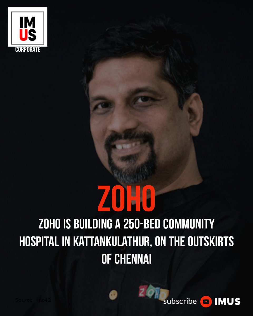 channel_imus's tweet photo. Zoho is building a 250-bed community hospital in Kattankulathur, on the outskirts of Chennai. The hospital will have a built-up area of 2.6lakh sqft and an area to bed ratio of 1,000 sq ft with self-contained facilities @zoho @SridharVembu @svembu #zoho #Chennai #India #Trending https://t.co/NUTkuWRyxu