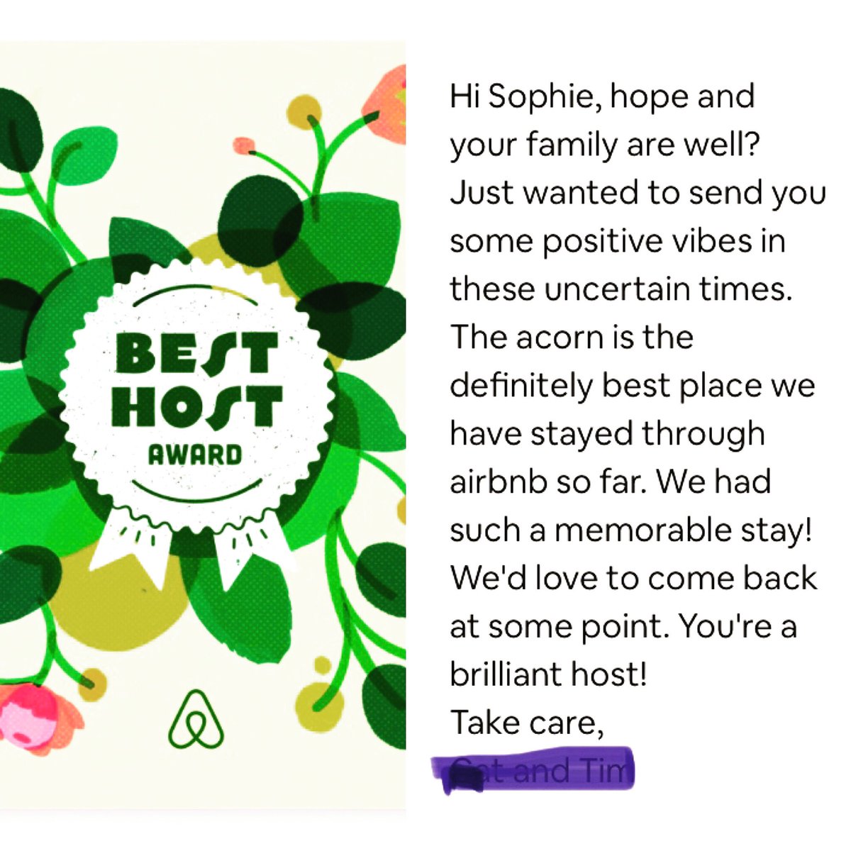 It made my day, receiving this “best host” card from a guest that stayed 2 years ago! #airbnbhost #besthost #airbnblove #sothoughtful #visitus @theacornhut #lovelyguests #mademesmile #hiddengem #staycation #wales #staysomewheredifferent