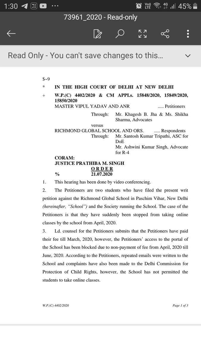 advbagga's tweet photo. Two students of Richmond Global school, Paschim Vihar got relief from  DHC whose access to online classes have been denied by school since 27.04.2020 without any due of fees. Hon'ble court directed school to immediately provide access to students &amp; charge fees qua 18.04.20 order. https://t.co/9y5KMZ30DZ