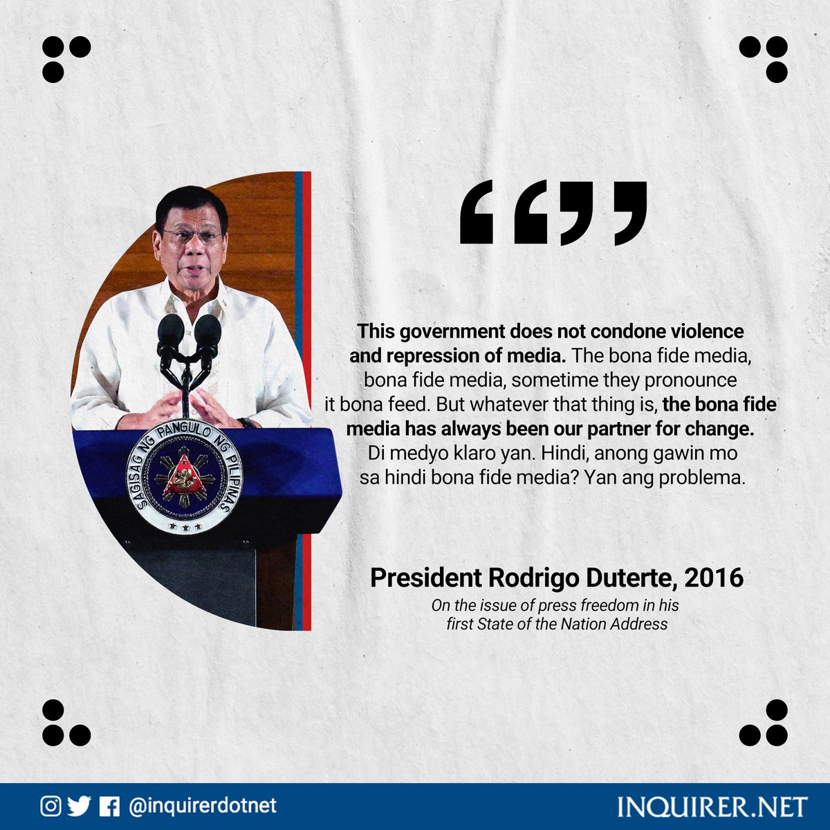 inquirerdotnet's tweet photo. #INQBack
President Rodrigo Duterte on his administration's policy regarding free speech.
This Thursday, we will be taking a look at a few statements made by President Rodrigo Duterte during his first State of Nation Address (SONA) in 2016. #SONA2020 #SONA2016 https://t.co/fQvWJNF5pH