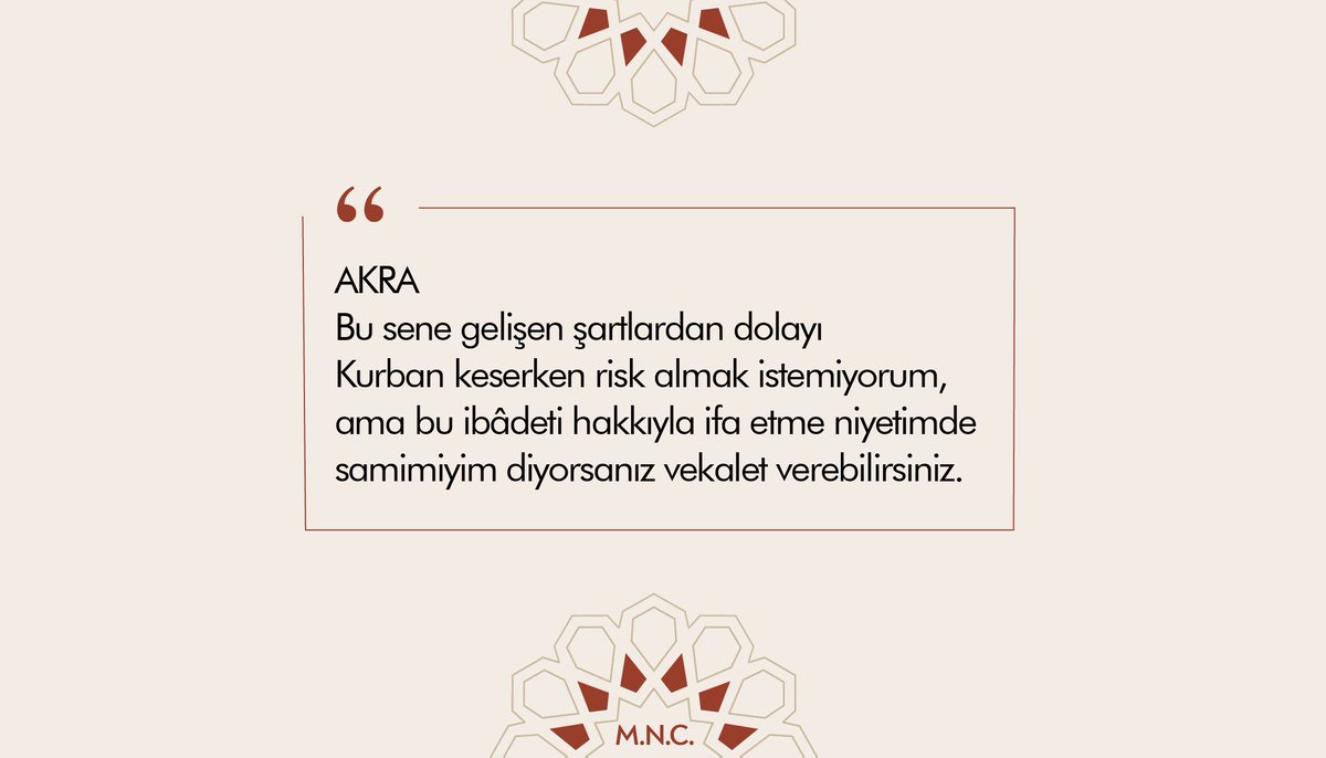 AKRA
Bu seneki gelişen şartlardan dolayı Kurban keserken risk almak istemiyorum, ama bu ibâdeti hakkıyla ifa etme niyetimde samimiyim diyorsanız vekalet verebilirsiniz.
M. N. C.

#akramedia #sağduyununsesi #kurbanbayramı #kurbanibadeti #kurbanbağışı