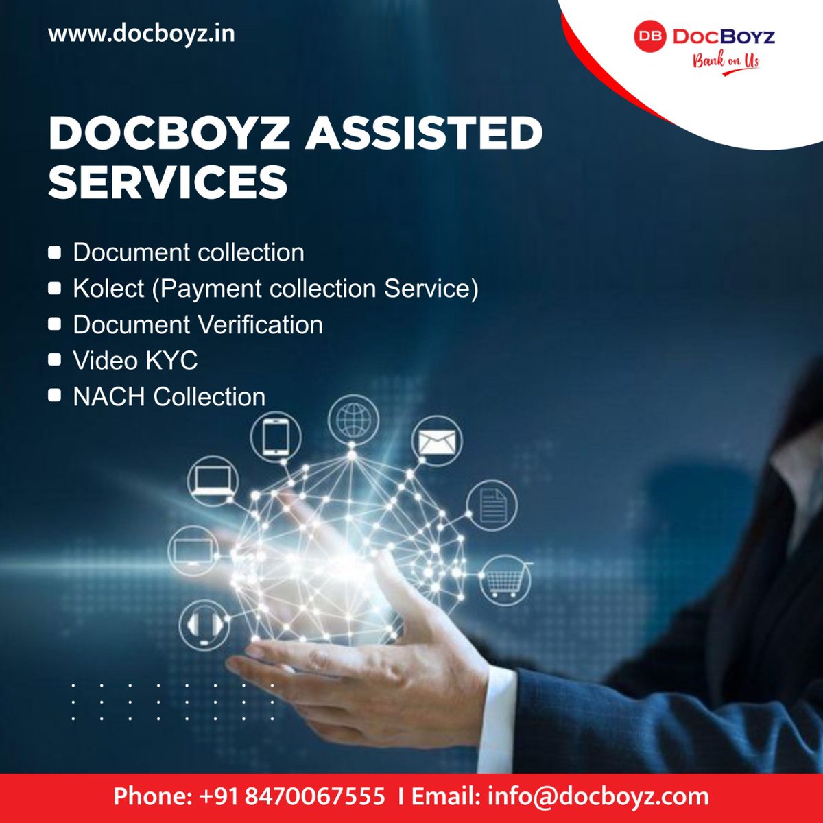 docboyz_'s tweet photo. One Platform and one network. No more hassles of following up multiple agencies for multiple locations. 

Phone : +91 8470067555  
Mail : info@docboyz.com
https://t.co/wNKy42oO8H
Please contact #DocBoyz team for #demonstration. #bank, #nbfc #VideoKYC, #Aadhaar_Masking_API , https://t.co/LYiZ33s13p
