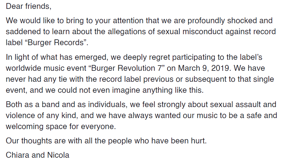 Kickoffizial's tweet photo. Dear friends,

We would like to bring to your attention that we are profoundly shocked and saddened to learn about the allegations of sexual misconduct against record label “Burger Records”.

In light of what has emerged, we deeply regret participating to the label’s [...] https://t.co/oHWvSkRg8w