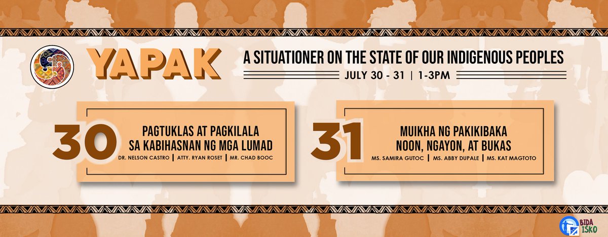 hulagwayph's tweet photo. Check out our roster of speakers from different organizations and communities advocating for IPs' rights!

Panahon na para makialam at sumama sa laban nila!
#StopTheKillings
#NoToDevelopmentAggression
#StandWithIndigenousPeople
#HulagwayPH https://t.co/H1VatEO9ar
