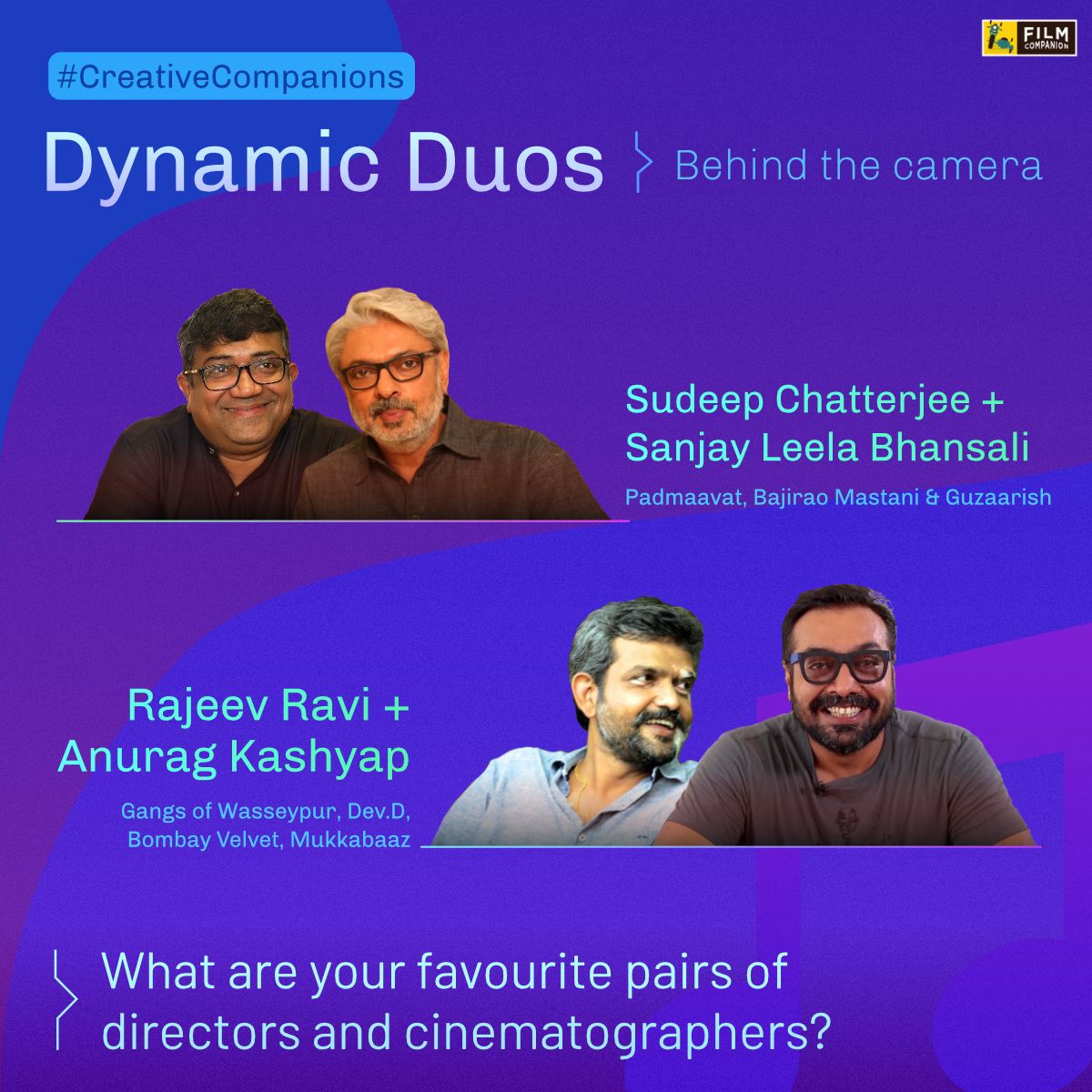 FilmCompanion's tweet photo. Be it Anurag-Rajeev's rustic townscapes or Sanjay-Sudeep's epic canvases - some Director-DOP collaborations bring out the best in each other. In this week's #CreativeCompanions tell us your favourite pairs! https://t.co/TPXHGd8r7Z
