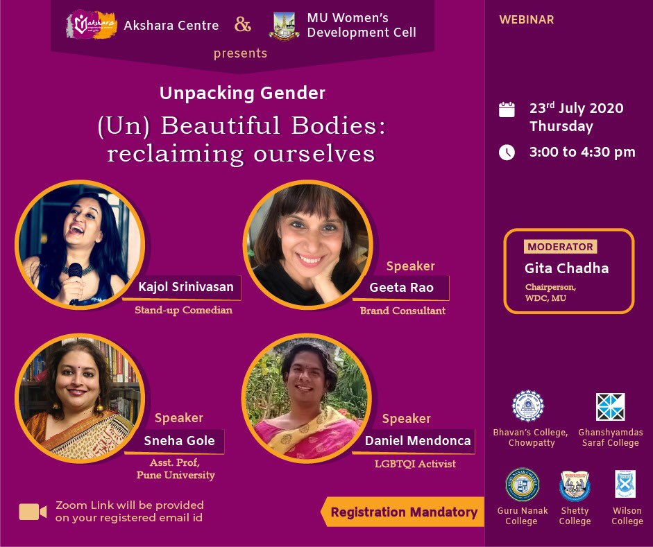 smshettycollege's tweet photo. Our WDC is excited to be associated with UWDC &amp; Akshara with 4 other colleges in Mumbai on Unpacking Gender (Un) Beautiful Bodies: Reclaiming Ourselves on Thursday, 23rd July, 2020 at 3 PM. 
#smshettycollege #mumbaiuniversity #womendevelopmentcell https://t.co/omWGSSFNwP