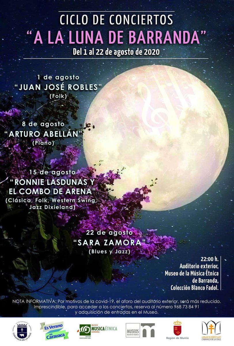 AytodeCaravaca's tweet photo. 🌜🎶 El ciclo de conciertos ‘A la luna de #Barranda’ vuelve los sábados de agosto con inscripción previa gratuita y aforo reducido para cumplir con las medidas de prevención.
  
➕ INFO: https://t.co/hb60u5gfdp

#EsVeranoEnCaravaca🌿 https://t.co/VFwEZezZnk