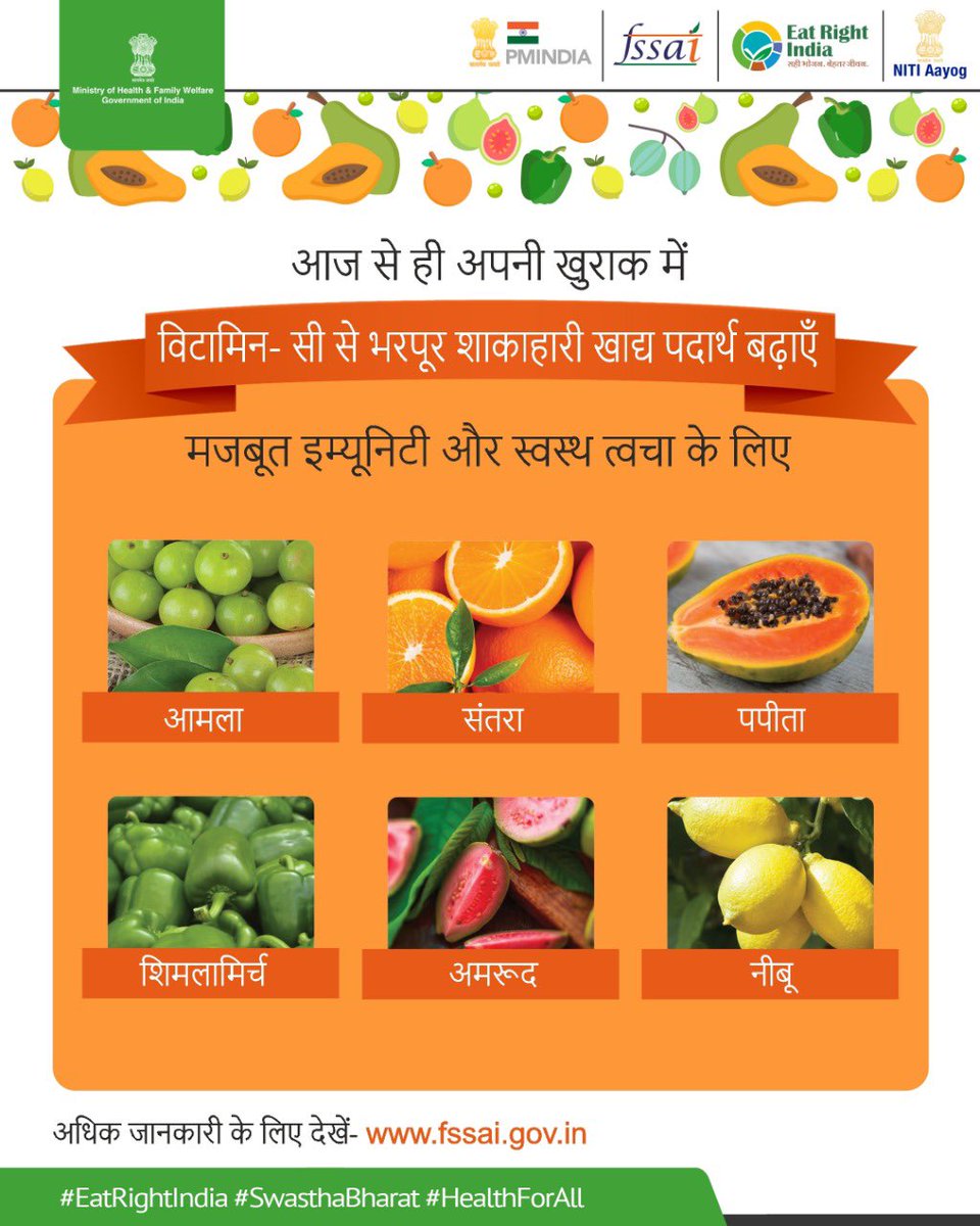 fssaiindia's tweet photo. To get stronger immunity and healthier looking skin, add Vitamic-C rich plant-based foods to your diet from today.

#EatRightIndia #HealthForAll #SwasthaBharat #plantbased 

@MoHFW_INDIA @drharshvardhan @MIB_India @PIB_India @mygovindia https://t.co/ugDw0PlfYq
